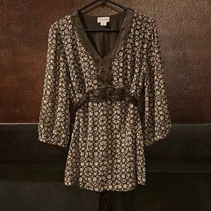 Motherhood, maternity, satin, brown tan, and black blouse V-neck